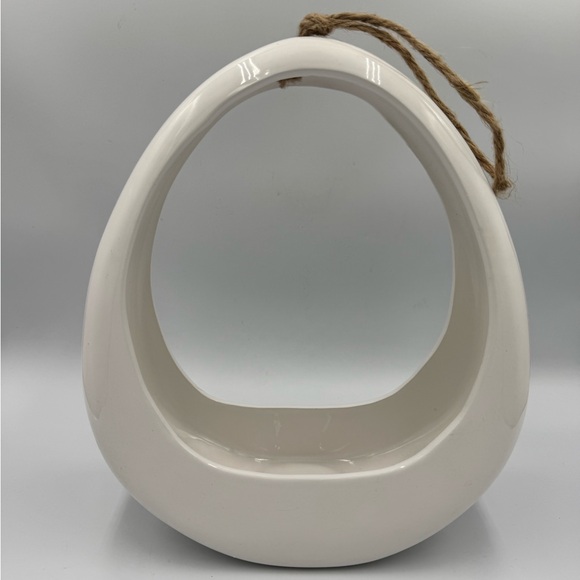White Ceramic Open Oval Hanging Planter/Bird Feeder - Picture 1 of 7